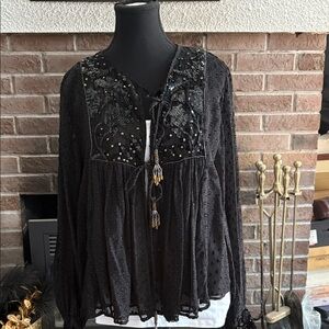 Zara Black Embellished Lace-Up Peasant Tunic